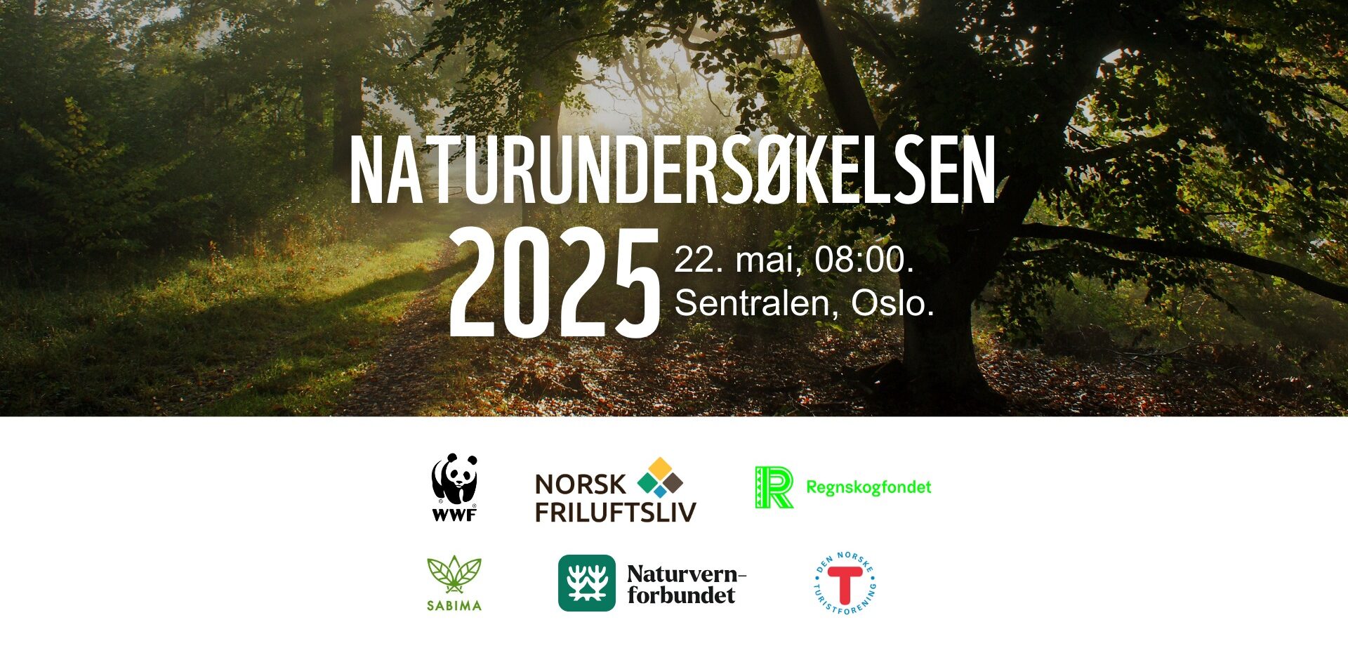Bilde av skog og tittelen Naturundersøkelsen 2025. Logoene til arrangærene.