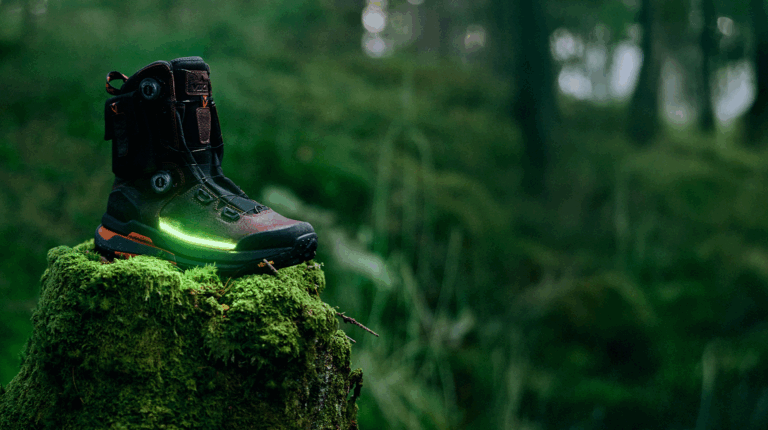 Bilde av skoen som lyser grønt når du går i naturskog.